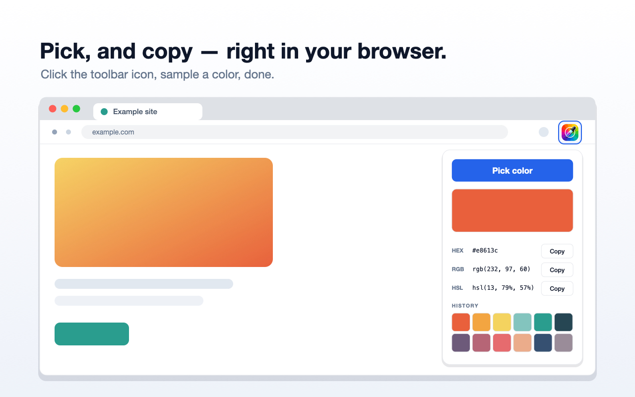 Hexy popup showing HEX, RGB and HSL values with copy buttons