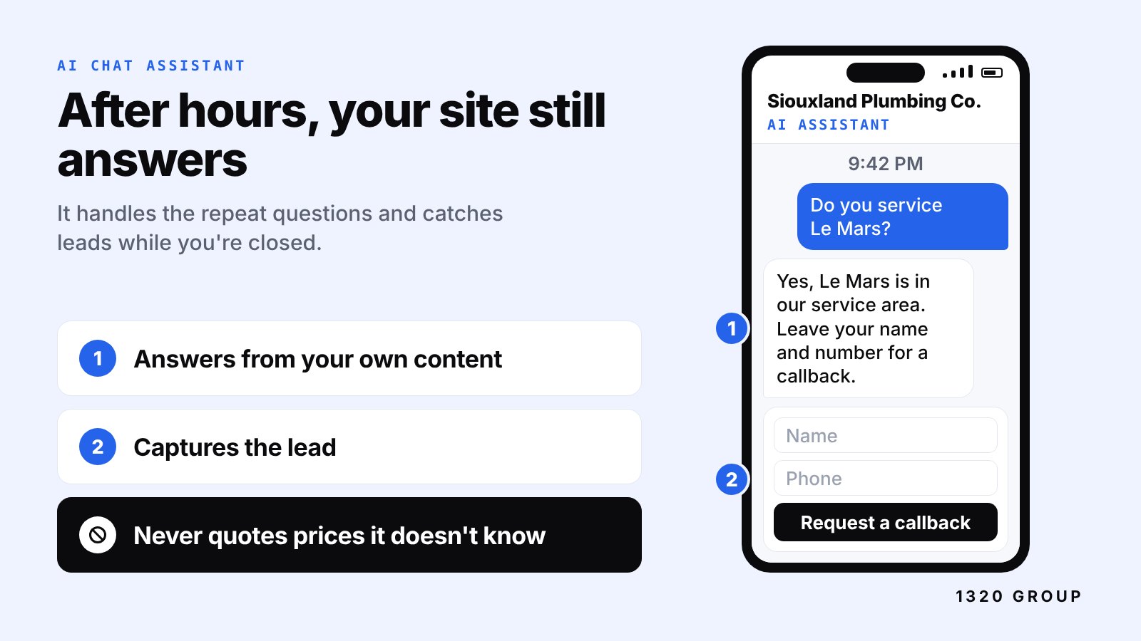 Phone showing a 9:42 PM chat on a plumbing company website where a visitor asks about Le Mars and the AI assistant offers a callback, with callouts on answering from your own content, capturing the lead and never quoting unknown prices.